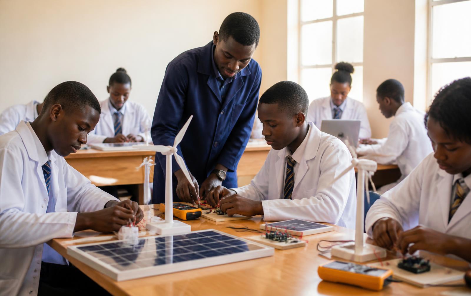 Students in lab coats building solar and wind experiments on practical benches while a teacher facilitates