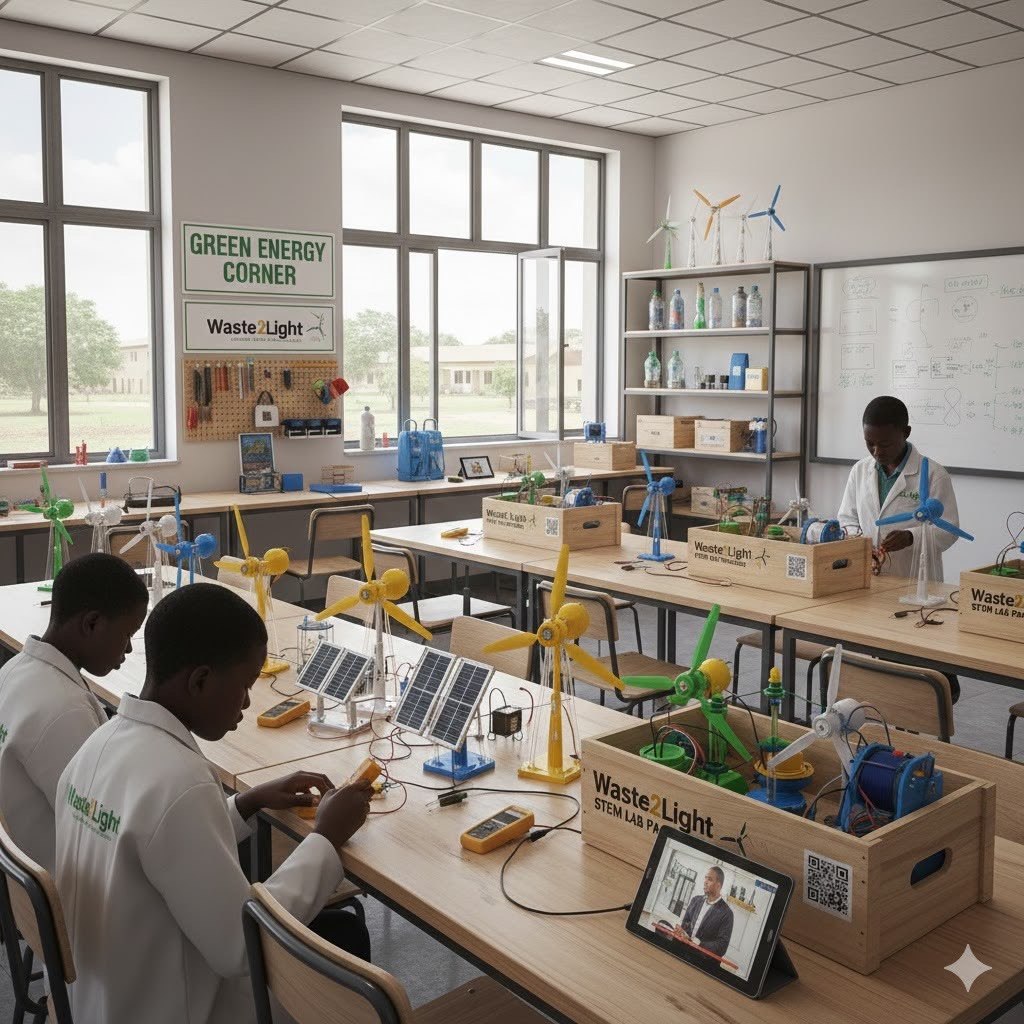 Students working with renewable-energy equipment in a classroom